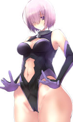 Rule 34 | 1girl, bare shoulders, blush, breasts, cameltoe, cleavage, cleavage cutout, closed mouth, clothing cutout, commentary request, cowboy shot, elbow gloves, fate/grand order, fate (series), frontal wedgie, gloves, groin, hair over one eye, highleg, highleg leotard, highres, hip focus, leotard, leotard pull, looking at viewer, mash kyrielight, medium breasts, navel, navel cutout, pink hair, pulling own clothes, purple eyes, purple gloves, purple leotard, rikudou inuhiko, short hair, simple background, smile, solo, stomach, thighs, wedgie, white background