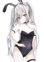 Rule 34 | 1girl, animal ears, black choker, black hairband, breasts, chain, chain leash, choker, cleavage, collarbone, commentary request, fake animal ears, grey hair, groin, hair between eyes, hairband, hasunokaeru, highres, leash, leotard, long hair, looking at viewer, medium breasts, original, parted lips, playboy bunny, rabbit ears, rabbit tail, red eyes, simple background, skindentation, smile, solo, strapless, strapless leotard, tail, thigh strap, twintails, very long hair, white background