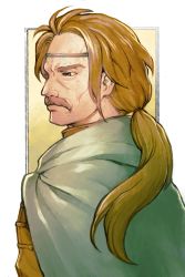 Rule 34 | 1boy, brown eyes, brown hair, cape, closed mouth, facial hair, gensou suikoden, headband, highres, lepant (suikoden), male focus, mustache, natsuo (hatohaco), ponytail, simple background, solo