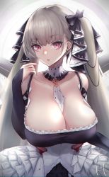 Rule 34 | 1girl, :o, azur lane, bad id, bad pixiv id, bare shoulders, between breasts, black dress, blush, breasts, cleavage, cowboy shot, dress, earrings, flight deck, formidable (azur lane), frilled dress, frills, grey hair, hair ribbon, hand up, highres, jewelry, large breasts, long hair, long sleeves, looking at viewer, red eyes, ribbon, rigging, ruwoka, signature, solo, twintails, two-tone dress, very long hair