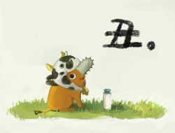 Rule 34 | 1boy, 2021, :3, animal ears, bell, chainsaw, chainsaw man, cow, cow ears, cow hat, dog, glass bottle, grass, happy new year, horns, kanji, looking at viewer, milk, new year, pochita (chainsaw man), pt sasa12, sitting, smile, solo, white background