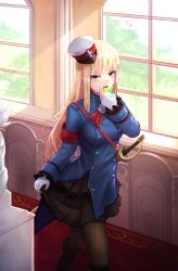 Rule 34 | 1girl, absurdres, armband, black footwear, black hat, black skirt, blonde hair, blue jacket, blush, boots, breasts, brown pantyhose, buttons, crystal, double-breasted, eating, fate/grand order, fate (series), gloves, green eyes, hand up, hat, highres, jacket, knee boots, large breasts, layered skirt, long hair, long sleeves, looking at viewer, open mouth, pantyhose, red armband, reines el-melloi archisorte, skirt, solo, sword, tilted headwear, usd (wwkr2537), walking, weapon, white gloves, white hat, window