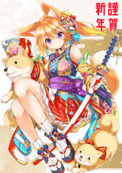 Rule 34 | 1girl, animal ears, blonde hair, detached sleeves, dog, fatkewell, fox ears, fox tail, japanese clothes, long hair, looking at viewer, new year, original, purple eyes, smile, solo, sword, tabi, tail, weapon