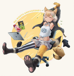 Rule 34 | ^ ^, animal ears, beleven, chair, closed eyes, coyote (kemono friends), gloves, highres, kemono friends, kemono friends v project, necktie, office chair, shirt, simple background, skirt, striped clothes, striped thighhighs, swivel chair, tablet pc, tail, thighhighs, vertical-striped clothes, vertical-striped thighhighs, virtual youtuber