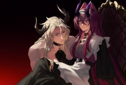 1boy 1girl arknights ascalon_(arknights) assertive_female black_background blonde_hair breasts carrying chain choker cleavage clothed_female_nude_male demon_horns gradient_background grey_eyes highres holding holding_chain horns long_hair maid maid_headdress manfred_(arknights) muscular muscular_male nude pink_eyes princess_carry purple_hair red_background red_pupils simple_background topless_male yujingtong