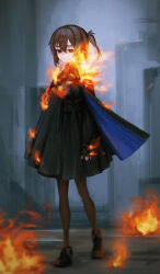 Rule 34 | 1girl, black dress, black footwear, brown hair, brown pantyhose, burning, closed mouth, dress, fire, full body, hair ornament, hairclip, highres, long sleeves, one side up, original, pantyhose, red eyes, shoes, short hair, simple background, sleeves past wrists, solo, standing, toxic ghost