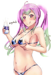 Rule 34 | 1girl, absurdres, agodashi, ahoge, animal print, bikini, bottle, breasts, cow print, cowboy shot, gradient hair, green hair, highres, kantai collection, long hair, medium breasts, micro bikini, milk, milk bottle, momo (kancolle), multicolored hair, one-hour drawing challenge, pink hair, simple background, solo, swimsuit, tongue, tongue out, twintails, white background, white bikini