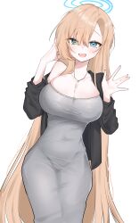 Rule 34 | 1girl, absurdres, alternate costume, asuna (blue archive), black jacket, blonde hair, blue archive, blush, breasts, cleavage, covered navel, dated commentary, dongtan dress, dress, gamre (zrzc7287), grey dress, halo, highres, jacket, jewelry, large breasts, long hair, looking at viewer, meme attire, necklace, simple background, smile, solo, straight hair, taut clothes, taut dress, very long hair, white background