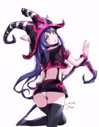 Rule 34 | 1girl, aged up, artist name, black thighhighs, breasts, hat, jon tw, large breasts, league of legends, long hair, looking at viewer, looking back, lulu (league of legends), panties, pantyshot, purple hair, sideboob, simple background, solo, staff, suspenders, thighhighs, underboob, underwear, white background, white panties, wicked lulu, witch hat, yellow eyes