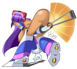 Rule 34 | 10s, 1girl, 2012, android, ass, bent over, boots, breasts, capcom, cleft of venus, dark skin, dark-skinned female, dated, hand fan, gloves, hair over eyes, hanging breasts, headset, huge breasts, layer (mega man), lips, mole, nipples, nude, purple hair, pussy, radlionheart, mega man (series), mega man x (series), signature, solo, transparent background, uncensored
