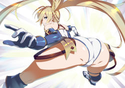 Rule 34 | 1girl, ass, bare shoulders, blonde hair, blue eyes, boots, bradamante (fate), braid, breasts, elbow gloves, fate/grand order, fate (series), from behind, gloves, highres, hip attack, ippo, leotard, long hair, looking at viewer, looking back, parted lips, shiny clothes, shiny skin, sideboob, smile, solo, thigh boots, thighhighs, twintails, very long hair