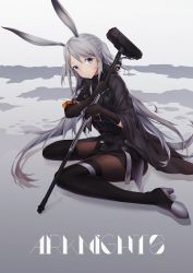 Rule 34 | 1girl, animal ears, arknights, black footwear, black jacket, black pantyhose, black skirt, blush, boots, brown thighhighs, closed mouth, copyright name, grey eyes, grey hair, hair between eyes, hammer, head tilt, high heel boots, high heels, highres, holding, holding hammer, jacket, long hair, looking at viewer, pantyhose, rabbit ears, savage (arknights), sitting, skirt, solo, striped clothes, striped skirt, thigh boots, thighhighs, twintails, two side up, vertical-striped clothes, vertical-striped skirt, very long hair, wariza, xo (xo17800108)