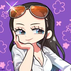 Rule 34 | 1girl, a28841434, aliasing, black hair, blue eyes, breasts, chibi, cleavage, close-up, commentary, eyelashes, eyewear on head, floral background, flower, forehead, hair slicked back, hand on own cheek, hand on own face, long hair, loose hair strand, lowres, medium breasts, nico robin, one piece, purple background, shirt, simple background, smile, solo, sunglasses, white shirt