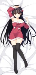 Rule 34 | 1girl, absurdres, alternate costume, arm up, bare shoulders, bed sheet, black hair, black thighhighs, bow, braid, breasts, cafe stella to shinigami no chou, chestnut mouth, collarbone, commentary, curvy, dakimakura (medium), detached sleeves, dress, eyelashes, eyes visible through hair, from above, full body, fur-trimmed sleeves, fur trim, hair between eyes, hair bow, hair ornament, hair spread out, hairclip, hand up, highres, kaon zz, knees together feet apart, long hair, long sleeves, looking at viewer, lying, medium breasts, mole, mole under eye, no shoes, on back, open mouth, pom pom (clothes), red bow, santa dress, shiki natsume, short dress, shy, side braid, sleeveless, sleeveless dress, solo, straight hair, strapless, strapless dress, thighhighs, very long hair, white fur, wide sleeves, yellow eyes, zettai ryouiki