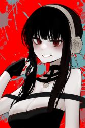 Rule 34 | 1girl, absurdres, bare shoulders, black choker, black dress, black gloves, black hair, blush, breasts, choker, cleavage, commentary request, dress, fingerless gloves, gloves, grey hairband, grin, hairband, hand up, highres, ka keo, korean commentary, large breasts, long hair, looking at viewer, nail polish, red background, red eyes, red nails, smile, solo, spy x family, upper body, yor briar