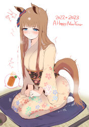 Rule 34 | 1girl, ^^^, animal ears, blue eyes, blush, bottle, bow, bowl, breath, brown hair, clenched hands, closed mouth, clothing cutout, ear ribbon, embarrassed, female focus, floral print, full body, grass wonder (umamusume), half-closed eyes, happy new year, have to pee, horse ears, horse girl, horse tail, japanese clothes, japanese text, jasz13, kimono, kneeling, long hair, long sleeves, multicolored ribbon, new year, obi, own hands together, peeing, peeing self, pillow, ribbon, sash, seiza, sidelocks, simple background, sitting, socks, solo, speech bubble, steam, sweat, tail, tail through clothes, translation request, trembling, umamusume, urine meter, v-shaped eyebrows, white background, white socks, wide sleeves, yellow kimono