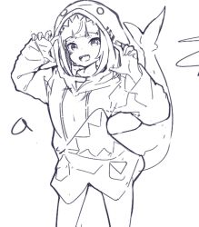 Rule 34 | 1girl, :d, animal costume, animal hood, blunt bangs, cowboy shot, fins, fish tail, gawr gura, greyscale, hands up, hololive, hololive english, hood, lineart, looking at viewer, monochrome, nuggetkouhai, open mouth, purple theme, shark costume, shark girl, shark hood, shark tail, sharp teeth, sketch, sleeves past wrists, smile, solo, standing, tail, teeth, virtual youtuber