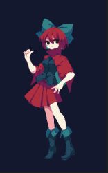 Rule 34 | 1girl, 4qw5, black background, black eyes, black shirt, blue bow, boots, bow, cloak, closed mouth, full body, hair bow, highres, looking at viewer, pixel art, red hair, red skirt, sekibanki, shirt, short hair, simple background, skirt, touhou