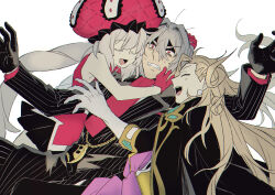 Rule 34 | 1girl, 2boys, antonio salieri (fate), antonio salieri (second ascension) (fate), arms up, ascot, black gloves, black jacket, black pants, blonde hair, blush, clenched teeth, closed eyes, constricted pupils, curly hair, dress, fate/grand order, fate (series), formal, gloves, grey hair, group hug, hair between eyes, hair intakes, hat, highres, hug, jacket, jewelry, kimidorix32, long hair, marie antoinette (fate), multiple boys, open mouth, pants, pendant, pinstripe pattern, pinstripe suit, red ascot, red dress, red eyes, red gloves, red hair, red hat, red scarf, scarf, shaded face, simple background, sleeveless, sleeveless dress, smile, striped suit, suit, sweat, teeth, twintails, v-shaped eyebrows, white background, white gloves, wolfgang amadeus mozart (fate)