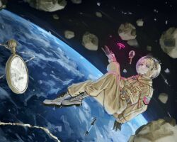 Rule 34 | 1girl, astronaut, blonde hair, blue eyes, boots, closed mouth, commentary, earth (planet), english commentary, floating, full body, gloves, glowing, highres, hololive, hololive english, limiter (tsukumo sana), magnifying glass, meteor shower, official alternate costume, planet, reaching, short hair, smile, solo focus, space, spacesuit, stopwatch, tablicoart, tsukumo sana, virtual youtuber, watch, watson amelia, watson amelia (astronaut)