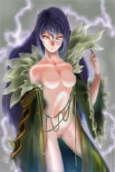 Rule 34 | 1girl, breasts, cloak, collarbone, facial mark, female pubic hair, flower, horns, lightning, long hair, manaita, medium breasts, merlina (sonic), navel, nipples, open cloak, open clothes, pointy ears, pubic hair, purple hair, pussy, sonic (series), sonic and the black knight, sonic the hedgehog, uncensored, very long hair, yellow eyes