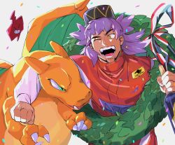 Rule 34 | 1boy, alternate costume, arm around neck, bottle, charizard, claws, clenched hand, commentary request, confetti, creatures (company), eye contact, facial hair, fingernails, game freak, gen 1 pokemon, gen 4 pokemon, green (grimy), green eyes, highres, holding, leon (pokemon), long hair, long sleeves, looking at another, male focus, nintendo, one eye closed, open mouth, pokemon, pokemon (creature), pokemon swsh, purple hair, racing suit, ribbon, rotom, rotom phone, smile, striped ribbon, teeth, tongue, yellow eyes