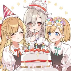 Rule 34 | 3girls, :3, :t, ^ ^, aleah, aqua bow, birthday, blonde hair, blue eyes, bow, cake, candle, closed eyes, commentary, eating, food, food-themed hat, food on face, grey hair, half updo, hanagata, happy birthday, hat, heart, juliet sleeves, licking lips, lilly lillium, long hair, long sleeves, may (watashi no oshi wa akuyaku reijou), multiple girls, party hat, puffy sleeves, purple bow, red bow, red eyes, short hair, smile, sparkle, star (symbol), striped clothes, striped headwear, sunglasses, symbol-only commentary, tongue, tongue out, watashi no oshi wa akuyaku reijou