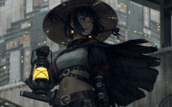 Rule 34 | 1girl, absurdres, belt, belt buckle, black cape, black gloves, black hair, blurry, blurry background, breasts, brown belt, brown eyes, brown hat, buckle, cape, day, depth of field, earrings, elbow gloves, gloves, glowing, guweiz, hat, highres, holding, jewelry, katana, lantern, looking away, looking to the side, navel, o-ring, o-ring top, original, outdoors, parted lips, puffy short sleeves, puffy sleeves, rain, sarashi, short sleeves, small breasts, solo, sword, upper body, weapon