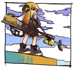 Rule 34 | 1girl, ankle boots, black coat, black shorts, boots, buttons, cloud, coat, e-liter 4k (splatoon), grin, hand in pocket, hand to own mouth, hand up, headphones, inkling, inkling girl, inkling player character, long hair, long sleeves, nintendo, nishikuromori, orange eyes, orange hair, outdoors, paint, pocket, shorts, smile, solo, splatoon (series), splatoon 2, standing, tentacle hair