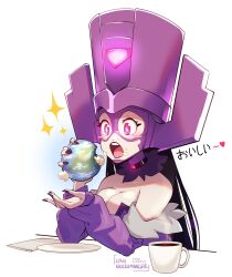 Rule 34 | 1girl, :o, artist name, black hair, blush stickers, bodysuit, bodysuit under clothes, breasts, cheesecakes by lynx, cleavage, earth (planet), eating, female focus, fingernails, food, galacta, happy, helmet, highres, holding, holding food, large breasts, long hair, looking at viewer, lynxnickromancer, marvel, neon trim, open mouth, planet, purple eyes, sitting, smile, symbol-shaped pupils, translated, upper body, very long hair