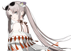 Rule 34 | 1girl, bare shoulders, bikini, breasts, earrings, eyelashes, eyewear on head, fate (series), fringe trim, from behind, from side, grey eyes, grey hair, hair ornament, highres, jewelry, long hair, looking at viewer, looking back, medium breasts, multiple earrings, parted bangs, parted lips, rikui (rella2930), sidelocks, simple background, solo, strap gap, sunglasses, swimsuit, twintails, upper body, white background, yu mei-ren (fate), yu mei-ren (swimsuit lancer) (fate)