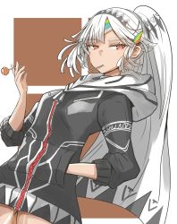 Rule 34 | 1girl, absurdres, altera (fate), alternate costume, alternate hairstyle, black jacket, breasts, candy, dark-skinned female, dark skin, fate/grand order, fate (series), food, food in mouth, gin moku, hand in pocket, headdress, highres, holding, holding candy, holding food, holding lollipop, hood, hoodie, jacket, leg tattoo, lollipop, long sleeves, red eyes, short hair, small breasts, solo, tan, tattoo, upper body, veil, white hair