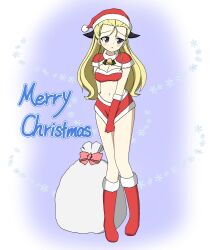 Rule 34 | 1girl, arm behind back, assam (girls und panzer), bell, bikini, bikini top only, blonde hair, blue eyes, blush, boots, breasts, capelet, christmas, cleavage, commentary request, english text, full body, fur-trimmed bikini, fur-trimmed capelet, fur-trimmed footwear, fur-trimmed gloves, fur trim, girls und panzer, gloves, hair pulled back, hat, highres, ichinose jun, light frown, long hair, looking at viewer, medium breasts, merry christmas, microskirt, midriff, navel, neck bell, open mouth, parted lips, partial commentary, red bikini, red capelet, red footwear, red gloves, red hat, sack, santa boots, santa costume, santa hat, skirt, skirt tug, snowflakes, solo, standing, swimsuit