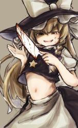 Rule 34 | 1girl, apron, black hat, black skirt, black vest, blonde hair, blood, bloody knife, bow, braid, brown background, commentary request, cookie (touhou), cowboy shot, hair bow, hat, hat bow, highres, holding, holding knife, kirisame marisa, knife, long hair, looking down, navel, open mouth, purple bow, red eyes, shirt, side braid, simple background, single braid, skirt, smile, solo, star (symbol), suzu (cookie), tail or, touhou, vest, waist apron, white apron, white shirt, witch hat