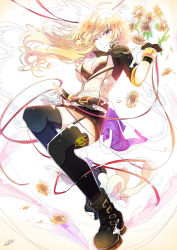 Rule 34 | 1girl, ahoge, blonde hair, boots, breasts, cleavage, emo (ricemo), flower, garter straps, large breasts, long hair, one eye closed, purple eyes, ribbon, rwby, skirt, solo, sunflower, thighhighs, vambraces, yang xiao long