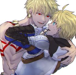 Rule 34 | 2boys, ahoge, arm around shoulder, armor, arthur pendragon (fate), blonde hair, blue eyes, earrings, fate (series), gauntlets, gilgamesh (fate), hand up, highres, holding, hood, hood down, jewelry, kometubu0712, long sleeves, lower teeth only, male focus, multiple boys, open mouth, pushing away, red eyes, short hair, simple background, smile, sweat, tattoo, teeth, white background, yaoi