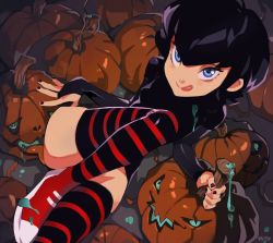 Rule 34 | 1girl, :q, black hair, black nails, bridal gauntlets, commentary, elbow gloves, english commentary, facing viewer, gloves, highres, hotel transylvania, jack-o&#039;-lantern, knee up, licking, looking at viewer, mavis dracula, nail polish, optionaltypo, pumpkin, red footwear, saliva, sexually suggestive, shoes, short hair, signature, sneakers, striped clothes, striped thighhighs, thighhighs, tongue, tongue out, vampire