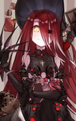 Rule 34 | 1girl, armor, armored dress, bag, bare shoulders, black armor, black dress, black eyes, black headwear, bonnet, box, breasts, chocolate, claws, closed mouth, cookie, dress, fate/grand order, fate (series), faulds, food, gauntlets, gift, gift box, hair between eyes, heart-shaped box, heterochromia, highres, long hair, looking at viewer, muffin, red hair, small breasts, smile, typhon ephemeros (fate), valentine, very long hair, yellow eyes, yubeshi (zecxl)
