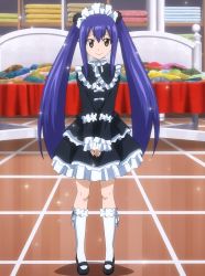Rule 34 | 1girl, absurdres, blue hair, brown eyes, dress, fairy tail, female focus, frills, full body, gothic lolita, hairband, highres, indoors, lolita fashion, long hair, looking at viewer, screencap, solo, standing, stitched, third-party edit, twintails, wendy marvell