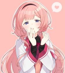 Rule 34 | 1girl, blush, bow, bowtie, hair between eyes, hairband, hand to own mouth, heart, highres, jacket, long hair, long sleeves, looking at viewer, nekoume, nijisanji, open clothes, open jacket, open mouth, pink background, pink hair, purple eyes, school uniform, simple background, solo, spoken heart, suo sango, suo sango (1st costume), upper body, very long hair, virtual youtuber, white jacket