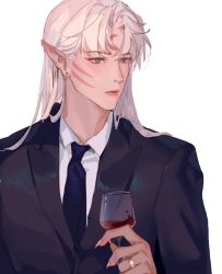 Rule 34 | 1boy, black necktie, collared shirt, commentary request, cup, drink, drinking glass, facial mark, fingernails, forehead mark, formal, holding, holding drink, inuyasha, jacket, jewelry, long hair, male focus, mmmilk, necktie, parted lips, pointy ears, red wine, ring, sesshoumaru, sharp fingernails, shirt, simple background, slit pupils, solo, suit, suit jacket, upper body, whisker markings, white background, white hair, white shirt, wine glass, yellow eyes
