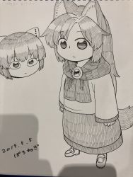 Rule 34 | 2girls, :&lt;, aged down, animal ears, bow, closed mouth, dated, disembodied head, greyscale, hair bow, highres, imaizumi kagerou, long hair, long sleeves, looking at viewer, marker (medium), monochrome, multiple girls, photo (medium), poronegi, scarf, sekibanki, shoes, signature, skirt, standing, tail, touhou, traditional media, wolf ears, wolf tail
