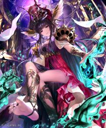 Rule 34 | 1girl, barefoot, black hair, breasts, cape, cleavage, closed mouth, dress, floating hair, from below, head wings, highres, horns, irua, large breasts, long hair, looking at viewer, magic, nephthys (grandblue fantasy), purple dress, red eyes, shadowverse, shiny skin, sitting, sleeveless, sleeveless dress, smile, soles, solo, wings