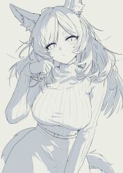 Rule 34 | 1girl, alternate costume, animal ear fluff, animal ears, arknights, blush, breasts, commentary, cowboy shot, hand up, highres, horse ears, horse girl, horse tail, large breasts, long sleeves, looking at viewer, monochrome, parted lips, ribbed sweater, sketch, skirt, solo, sora mame (princess 0sora), sweater, tail, thick eyebrows, turtleneck, turtleneck sweater, whislash (arknights)