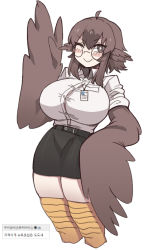 Rule 34 | 1girl, ;), ahoge, bird legs, bird wings, black hair, black skirt, black souls, breasts, bright pupils, brown eyes, brown hair, brown wings, buttons, closed mouth, cropped legs, dodo (black souls), dress shirt, feathered wings, glasses, harpy, head wings, korean text, large breasts, miniskirt, monster girl, multicolored hair, no nose, nyong nyong, one eye closed, pencil skirt, round eyewear, shirt, short hair with long locks, simple background, skirt, smile, solo, two-tone hair, v-shaped eyebrows, white background, white pupils, white shirt, winged arms, wings