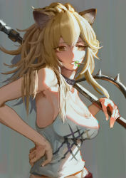 Rule 34 | 1girl, animal ears, arknights, armpits, biting, black choker, blonde hair, breasts, candy, chilakkk, choker, cleavage, clenched teeth, commentary, expressionless, food, grey background, hammer, hand on own hip, highres, holding, holding weapon, large breasts, lion ears, lips, lollipop, long hair, mouth hold, ponytail, sideboob, siege (arknights), simple background, sledgehammer, sleeveless, solo, spikes, studded choker, tank top, teeth, traditional media, upper body, weapon, white tank top, yellow eyes