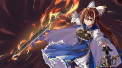 Rule 34 | 1girl, belt, black gloves, blue cape, blue dress, breasts, brown eyes, brown hair, cape, dress, facial mark, fire, frills, gem, gloves, hair between eyes, hair ornament, hair ribbon, highres, hiyamastar, holding, holding sword, holding weapon, large breasts, long hair, looking at viewer, maisha laforge, puffy sleeves, ribbon, shadowverse, smile, solo, swept bangs, sword, thighhighs, weapon