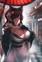 Rule 34 | 2girls, alley, animal ears, atago (azur lane), atago (hallmarks of winter) (azur lane), azur lane, bad id, bad pixiv id, black gloves, black hair, blush, bra, breasts, brown eyes, daisufuumi, finger to mouth, flashing, flower, gloves, hair flower, hair ornament, heart, heart tattoo, highres, index finger raised, japanese clothes, kimono, large breasts, long hair, looking at viewer, male hand, multiple girls, nipple slip, nipples, obi, open mouth, outdoors, parted bangs, pov, road, sash, scarf, smile, solo focus, street, tattoo, umbrella, underwear, undressing, white kimono, wide sleeves