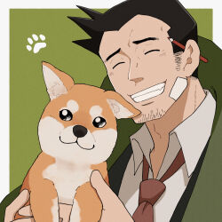 Rule 34 | 1boy, ace attorney, animal, bandaid, bandaid on cheek, bandaid on face, black hair, caramelrag, closed eyes, coat, collared shirt, dick gumshoe, dog, facial hair, green coat, highres, holding, holding animal, holding dog, male focus, missile (ace attorney), necktie, open mouth, pencil behind ear, shirt, short hair, smile, solo, stubble, upper body