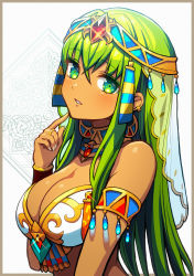 Rule 34 | 1girl, absurdres, armlet, bad id, bad pixiv id, bare shoulders, blush, border, bracer, breasts, brown border, character request, circlet, cleavage, collar, colored eyelashes, commentary request, dark-skinned female, dark skin, earrings, egyptian clothes, finger to own chin, gem, gibagiba, glint, green eyes, green hair, highres, huge filesize, jewelry, long hair, medium breasts, monster strike, outside border, parted lips, ring, red gemstone, see-through, solo, upper body, veil, very long hair